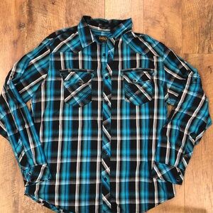 Helix Athletic Men’s Button-Down Long Sleeve Cuffed Stapes Pocket Blue Plaid L